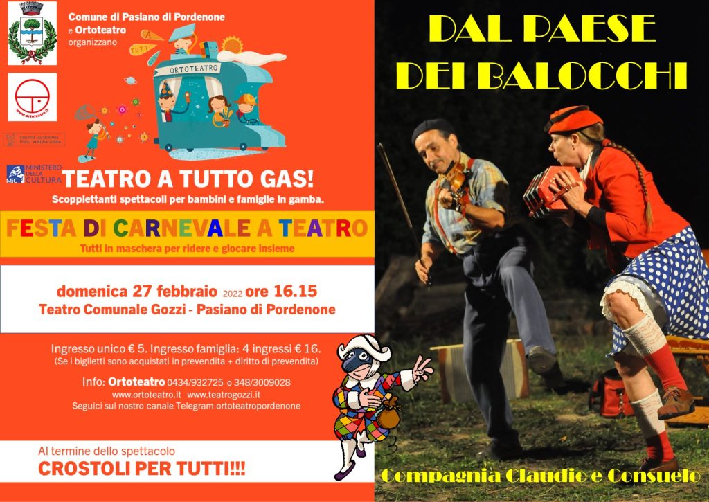 A Pasiano di Pordenone Festa di Carnevale a Teatro con DAL PAESE DEI BALOCCHI