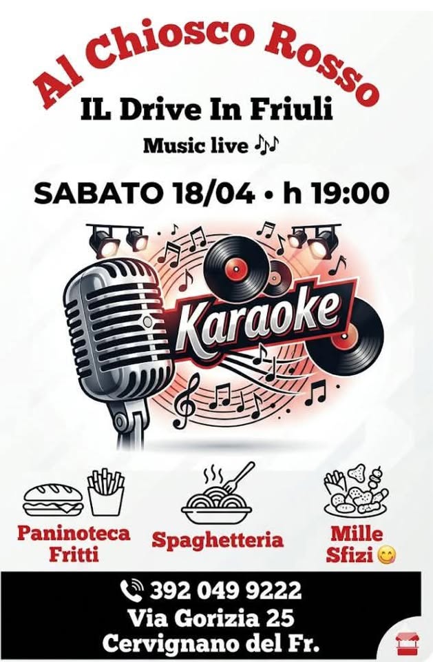 🎸Musica dal vivo 🎵e 🎯Non il Solito Karaoke al CHIOSCO ROSSO Cervignano del Friuli - EventiFVG.it